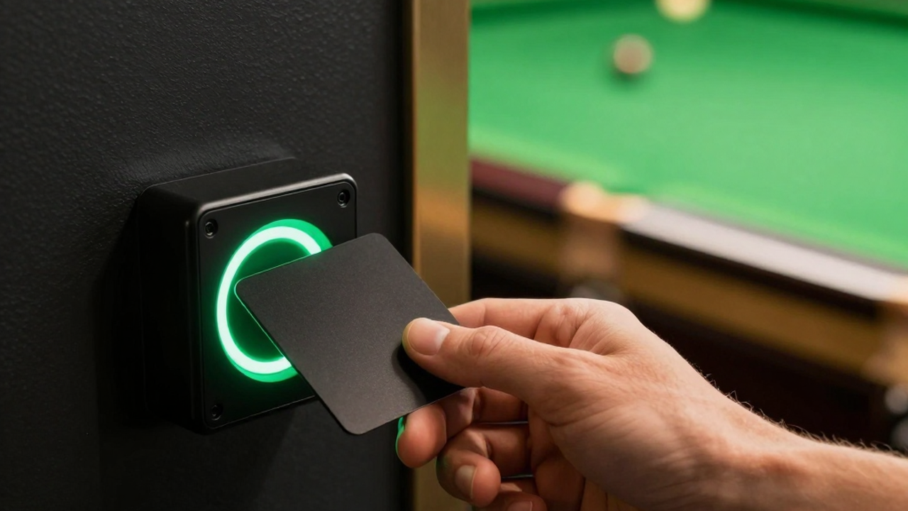 A member taps an RFID membership card on a wall reader at a snooker club entrance, the reader confirming with a green ring of light
